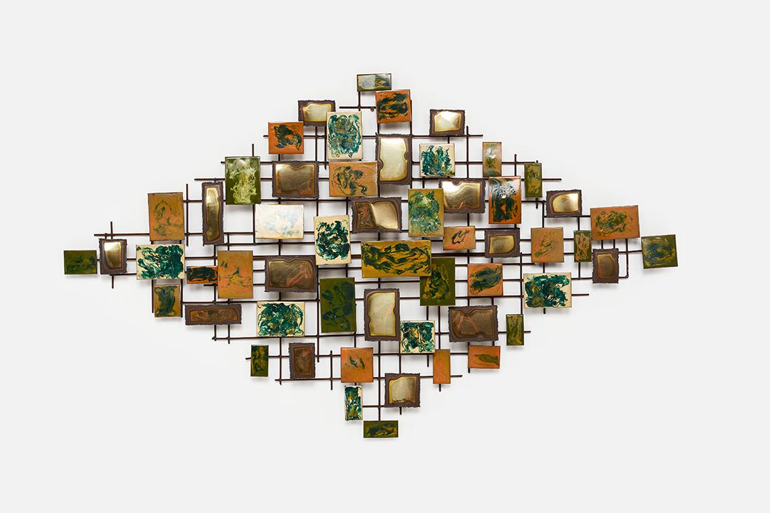 Brutalist, Wall Sculpture: Brutalist Wall sculpture, 1973 Torch-cut brass, enameled brass, brass rod. One panel signed "Jason '73." 31" H x 52" W x 4.25" D