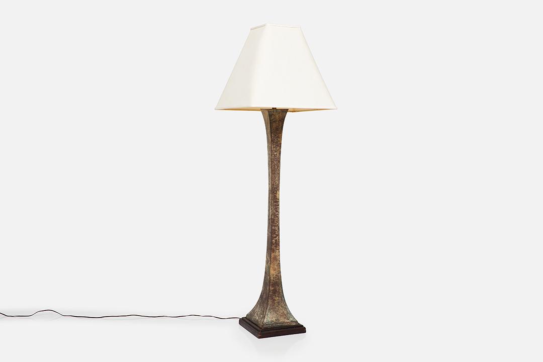 Stewart Ross James, Floor Lamp: Stewart Ross James Floor lamp, 1960s Patinated bronze, painted wood. Manufactured by Hansen, USA. Base: 52" H x 11.5" W x 11.5" Overall: 66.5" H x 20" W x 20" D