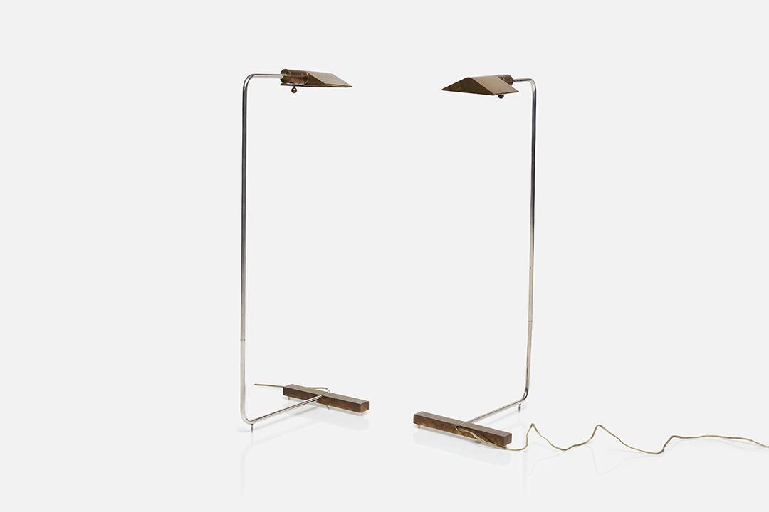 Cedric Hartman, Articulating Reading Lamps (2): Cedric Hartman Pair of articulating reading lamps, ca. 1966 Brass, chrome-plated steel. Manufactured by Cedric Hartman, Inc., USA. Each: 37" H x 11" W x 14" D