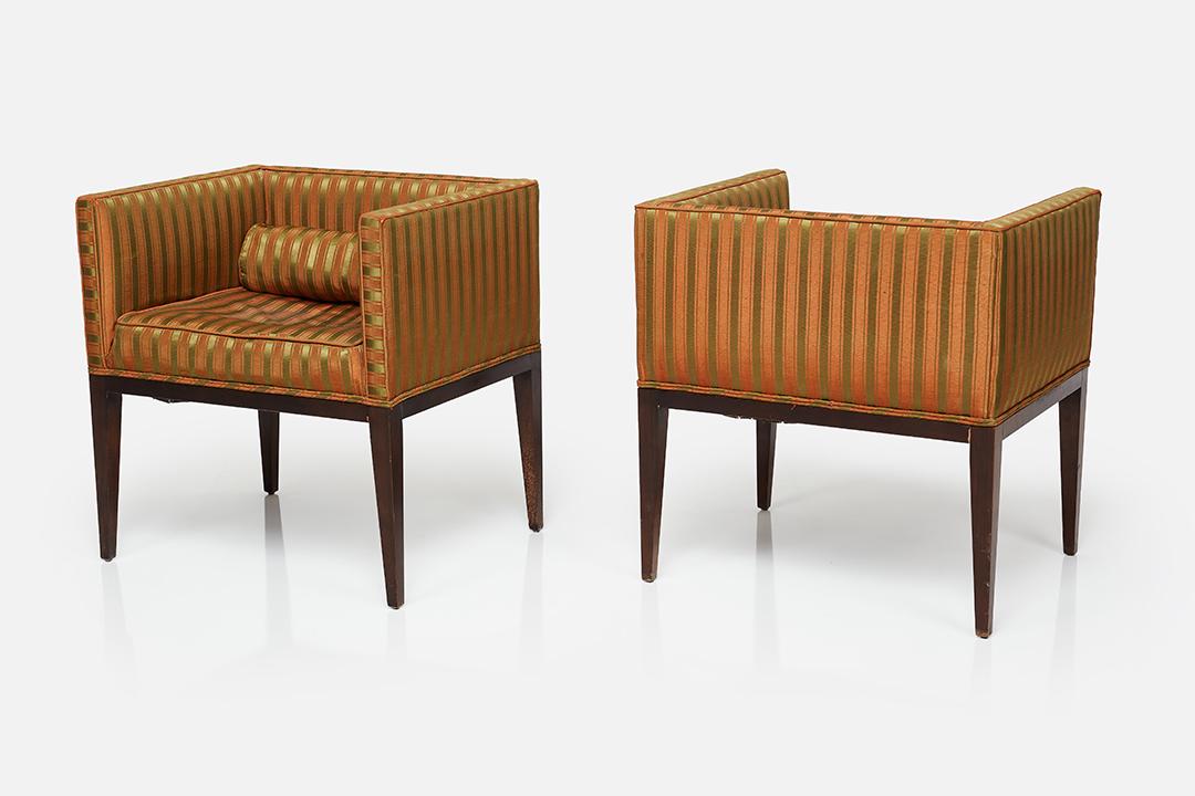 Tommi Parzinger, Easy Chairs (2): Tommi Parzinger Pair of easy chairs, 1959 Fabric, walnut. Underside with retailer's dated label. Each: 27" H x 25.75" W x 25.75" D Seat height: 18.25"