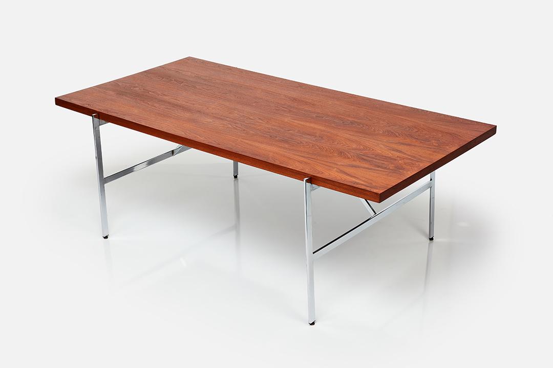 Milo Baughman, Dining Table: Milo Baughman Dining table, 1966 Walnut, chrome-plated steel. Manufactured by Thayer Coggin, USA. Underside with manufacturer's labels. 30" H x 84" W x 45" D