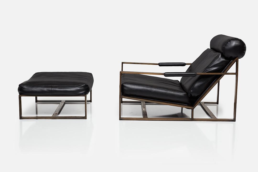 Milo Baughman, Lounge Chair and Ottoman (2): Milo Baughman Lounge chair, model no. B-1739 and ottoman, 1966 Bronze, vinyl. Manufactured by Thayer Coggin, USA. Underside with manufacturer's dated paper label. Chair: 27" H x 28" W x 42" D; Seat he