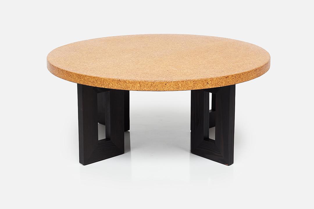 Paul Frankl, Coffee Table: Paul Frankl Coffee table, 1950s Cork, ebonized wood. Manufactured by Johnson Furniture, USA. 16.5" H x 40" Diameter