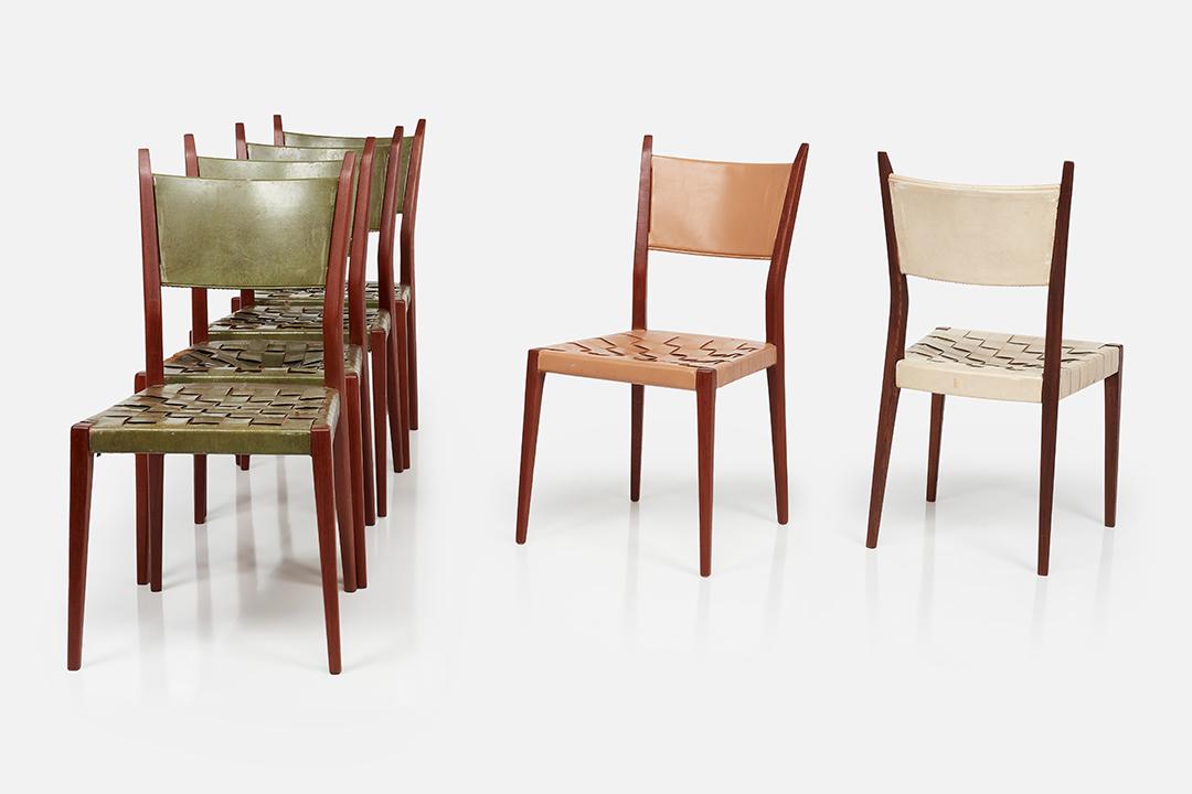 Paul McCobb, Dining Chairs (6): Paul McCobb Set of six dining chairs, model no. 9102, ca. 1953 Walnut, leather. Manufactured by Calvin Furniture, USA. Each: 35.25" H x 18" W x 20" D