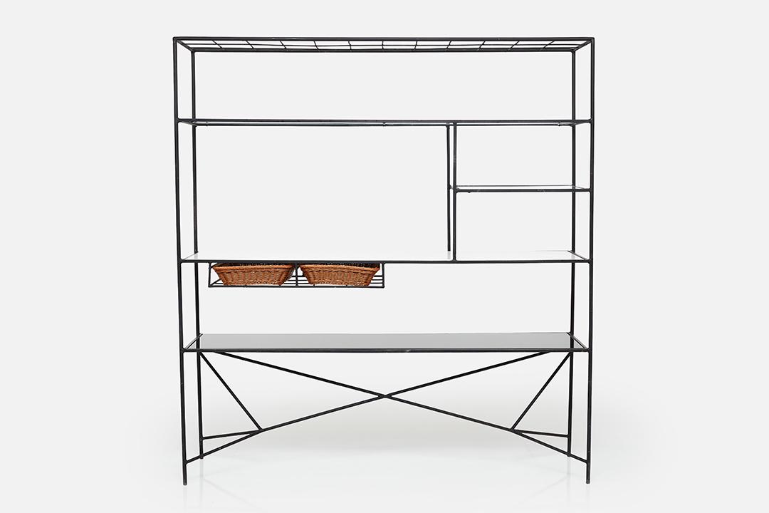 Paul McCobb, Rare 'Pavilion Group' Room Divider: Paul McCobb Rare 'Pavilion Group' room divider, model no. 6000, ca. 1963 Iron, milk glass, colored glass, glass, woven plastic. Manufactured by Arbuck, USA. 65" H x 60" W x 16" D