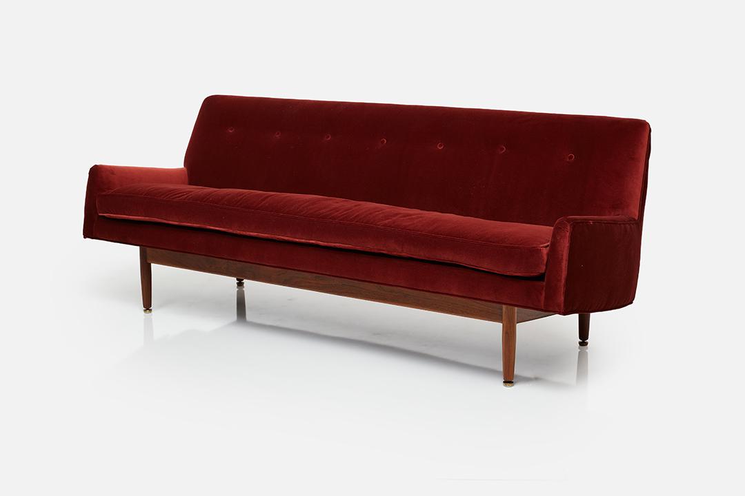 Jens Risom, Bracket-Back Sofa: Jens Risom Bracket-back sofa, 1962 Velvet, walnut. 30" H x 78" W x 26" D Seat height: 18"