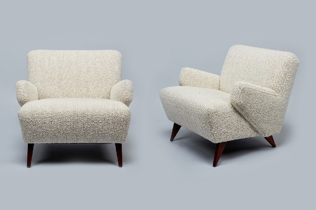 Jens Risom, Lounge Chairs (2): Jens Risom Pair of lounge chairs, 1950s Fabric, walnut. Manufactured by Knoll, USA. Each: 29.5" H x 33.5" W x 30.5" D Seat height: 18"