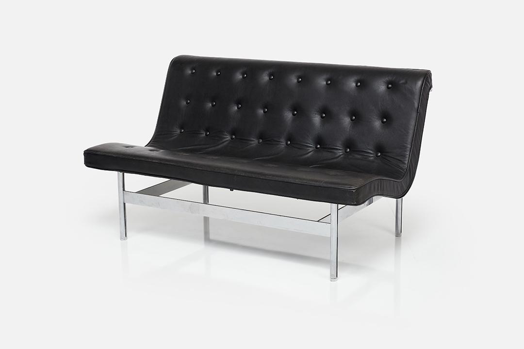 Katavolos, Littell & Kelley, Armless Settee: William Katavolos, Ross Littell & Douglas Kelley Armless settee, ca. 1953 Chrome-plated steel, leather. Manufactured by Laverne Originals, USA. 28" H x 48" W x 28.5" D Seat height: 15.5"