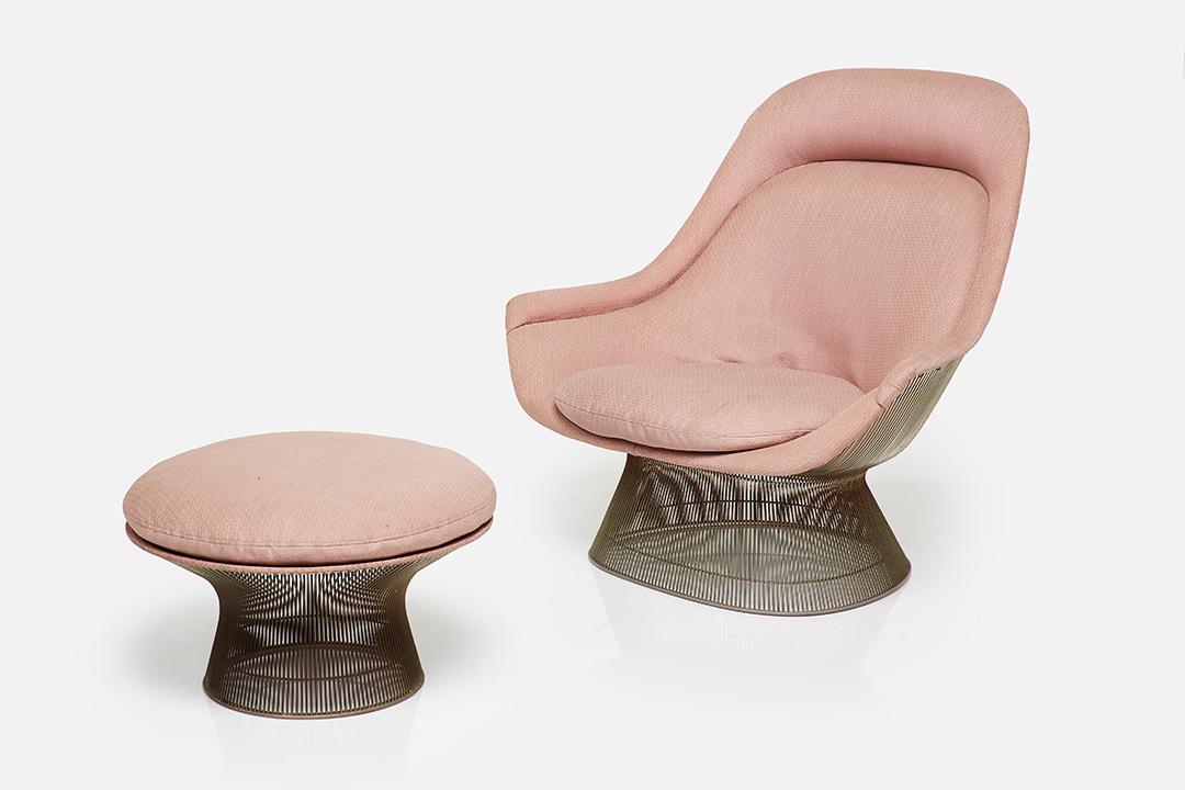 Warren Platner, Lounge Chair and Ottoman (2): Warren Platner Lounge chair and ottoman, designed 1962 Nickel-plated steel, fabric. Manufactured by Knoll International, USA. Chair: 40.5" H x 41" W x 35" D; Seat height: 16" Ottoman: 15" H x 24" Diam