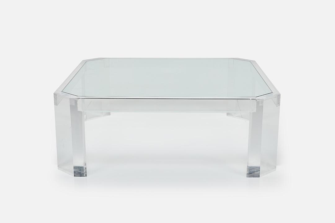 Charles Hollis Jones, 'L' Ami' Large Coffee Table: Charles Hollis Jones 'L' Ami' large square coffee table, 1980s Acrylic, glass. 17.5" H x 48.25" W x 48.25" D