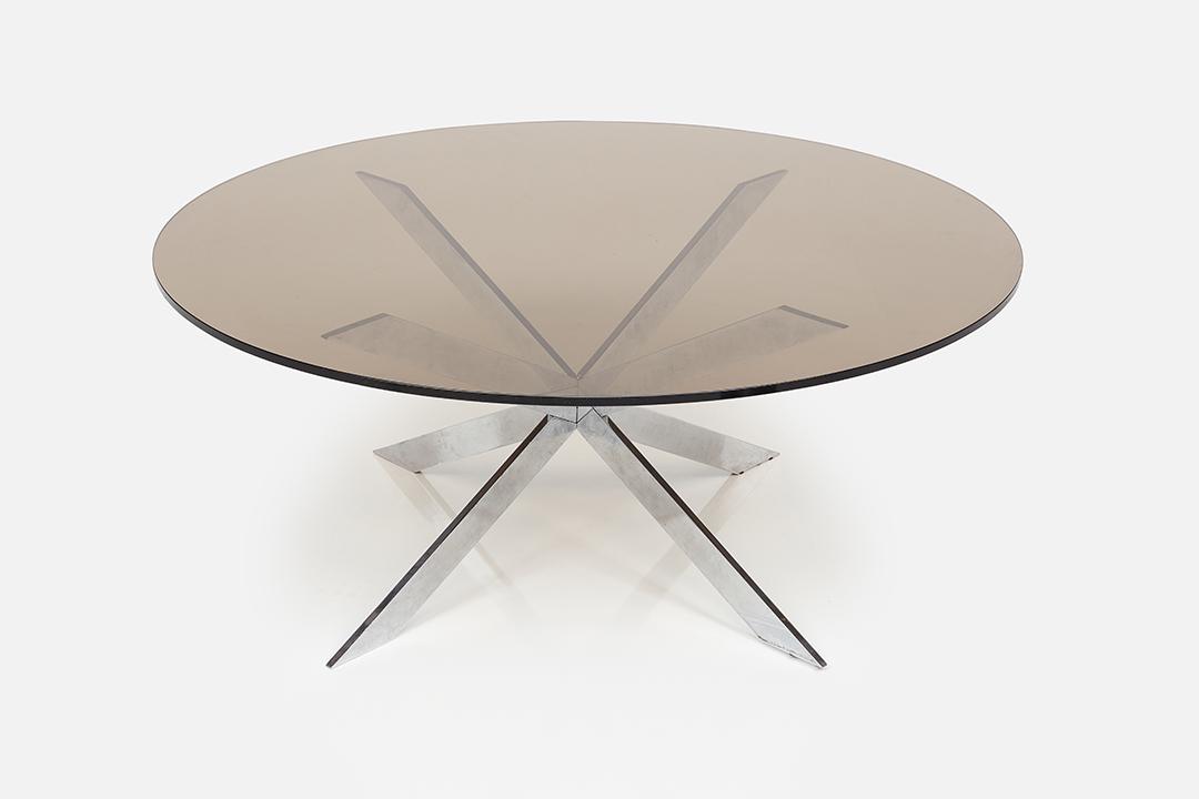 Brueton, 'Popsicle' Coffee Table: Brueton Popsicle' coffee table, 1970s Smoked glass, chrome-plated steel. Manufactured by Brueton, USA. 18.5" H x 44" Diameter