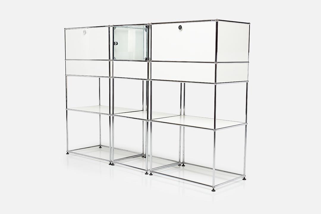 Fritz Haller & Paul Scharer, Display Cases (3): Fritz Haller & Paul Scharer Set of three display cabinets, late 20th Century Enameled steel, chrome-plated steel, glass. Manufactured by USM Modular Furniture, Switzerland. Each with manufacturer's de