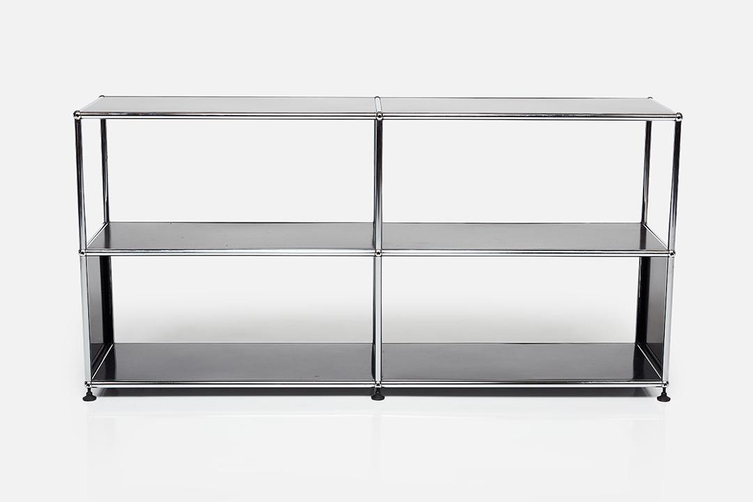 Fritz Haller & Paul Scharer, Bookcase: Fritz Haller & Paul Scharer Bookcase, late 20th century Enameled steel, chrome-plated steel. Manufactured by USM Modular Furniture, Switzerland. 29.75" H x 60" W x 14.5" D