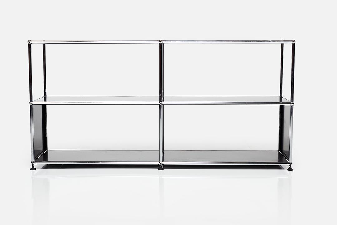 Fritz Haller & Paul Scharer, Bookcase: Fritz Haller & Paul Scharer Bookcase, late 20th century Enameled steel, chrome-plated steel. Manufactured by USM Modular Furniture, Switzerland. 29.75" H x 60" W x 14.5" D