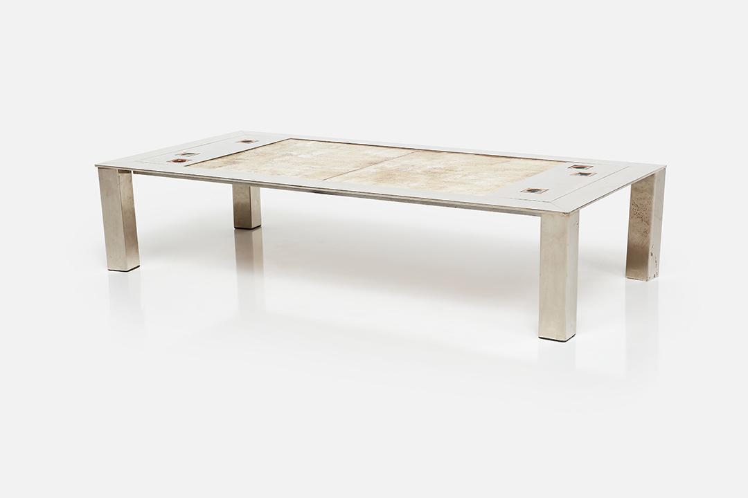 Jean Gregorieff, 'Albi' Coffee Table: Jean Gregorieff Albi' coffee table, 1972 Chrome-plated steel, glazed ceramic. Manufactured by Roche Bobois, France. Underside with titled and dated label. 10.75" H x 49" W x 23.25" D