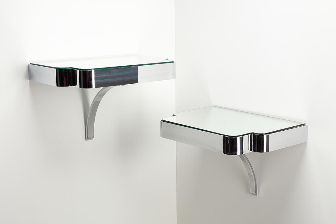Felice Antonio Botta, Wall-Mounted Tables (2): Felice Antonio Botta Pair of wall-mounted tables, 1970s Chrome-plated steel, mirrored glass. Made in Italy. Each: 15" H x 24" W x 16" D