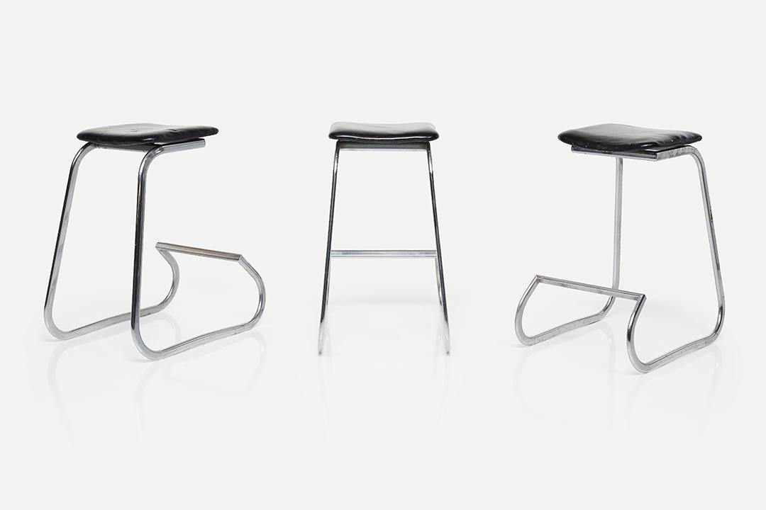 John Behringer, 'Prometheus' Backless Barstools (3): John Behringer Set of three backless 'Prometheus' barstools, 1970s Chrome-plated steel, leather. Manufactured by Stendig, Finland. Each: 29.25" H x 17.25" W x 25.5" D