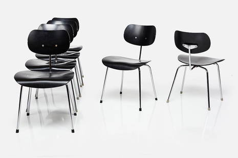 Egon Eiermann, Stacking Chairs (6): Egon Eiermann Set of six stacking chairs, model no. SE 68, ca. 1952 Lacquered molded plywood, chrome-plated tubular steel, rubber. Manufactured by Wilde & Spieth, Germany. Underside with manufacturer'