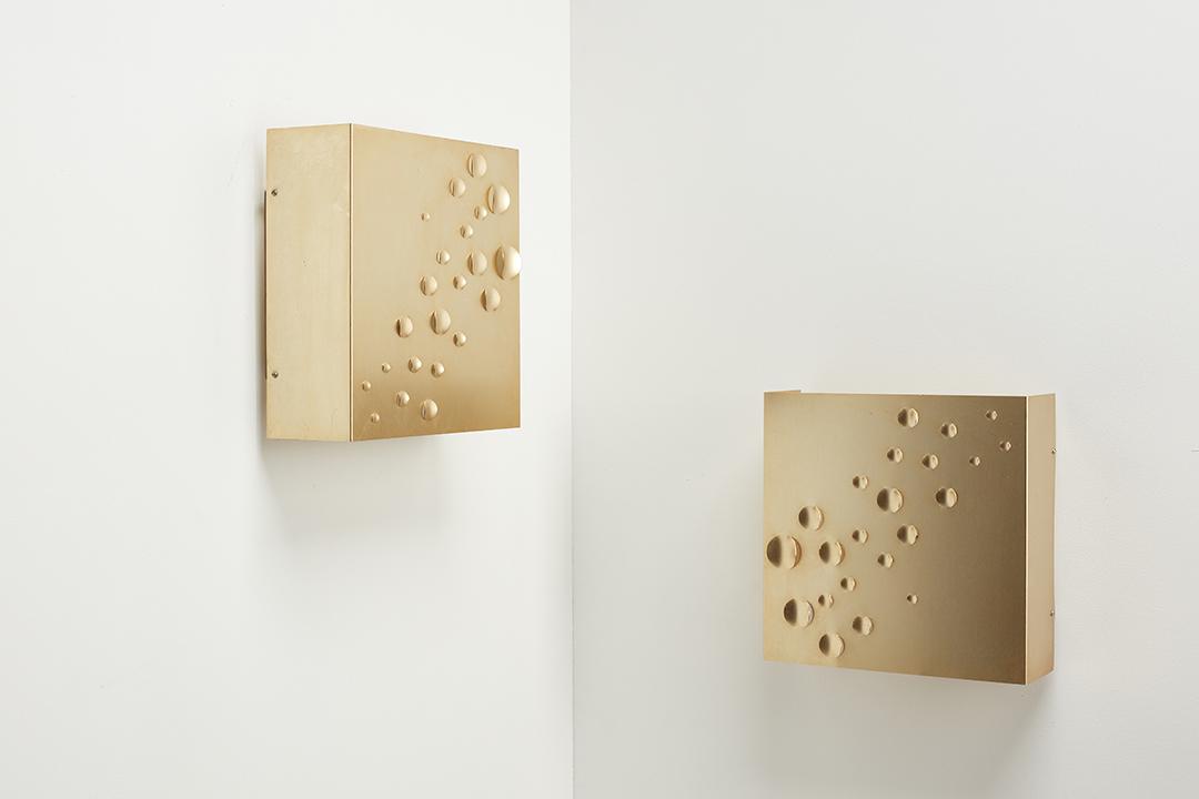 E. J. Jelles, 'Sterrenregen' Sconces (2): E. J. Jelles Pair of 'Sterrenregen' sconces, model no. C-1627, ca. 1968 Brushed brass, painted metal. Manufactured by Raak, The Netherlands. Interior with manufacturer's sticker. Each: 10.5" H x 10.5"