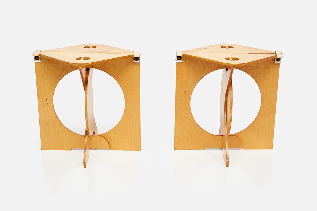 Barry Simpson, 'Rooster' Folding Stools (2): Barry Simpson Pair of 'Rooster' folding stools, ca. 1979 Plywood, canvas. Produced by Dirt Road, USA. Each underside stamped with manufacturer's mark. Each: 16.5" H x 16.5" W x 14.25" D
