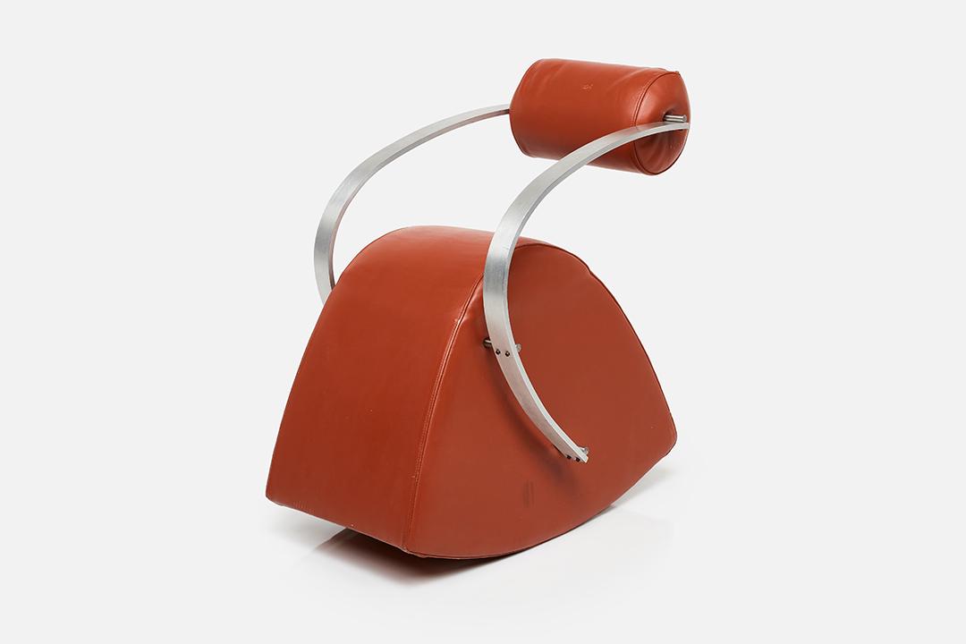 Yves Jaccoud, 'Vertigo' Rocking Chair: Yves Jaccoud Vertigo' rocking chair, ca. 1990 Aluminum, leather. Made in France. 38" H x 21" W x 35" D Seat height: 25"