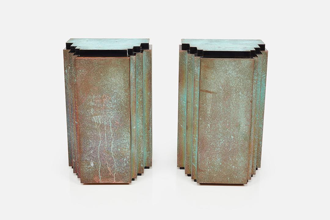 Christian Heckscher, Nightstands (2): Christian Heckscher Pair of nightstands, 2000s Oxidized brass, laminate, wood. Custom crafted by Lift Design, USA. Each: 26.25" H x 17" W x 13" D
