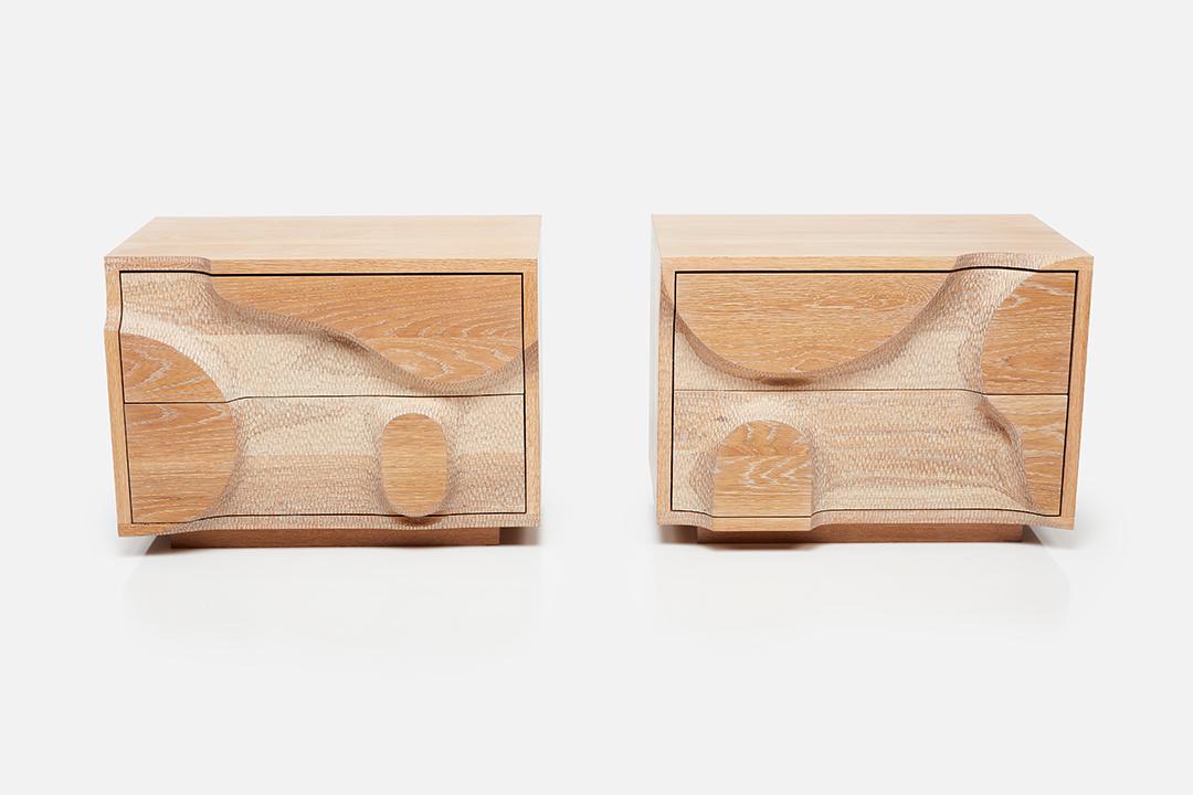 Contemporary, Chip-Carved End Tables (2): Contemporary Pair of end tables/nightstands, 21st Century Chip-carved oak, oak. Made in USA. Each: 22" H x 30" W x 18" D