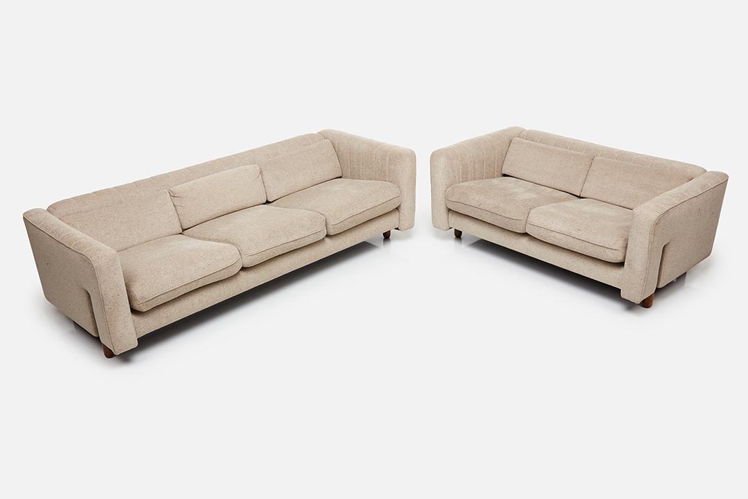 Cassina, Sofa and Settee (2): Cassina Sofa and settee, 21st Century Fabric, wood. Manufactured by Cassina, Italy and distributed by Ai International. Each with manufacturer and distributor's label. Settee: 24" H x 57" W x 32" D; S