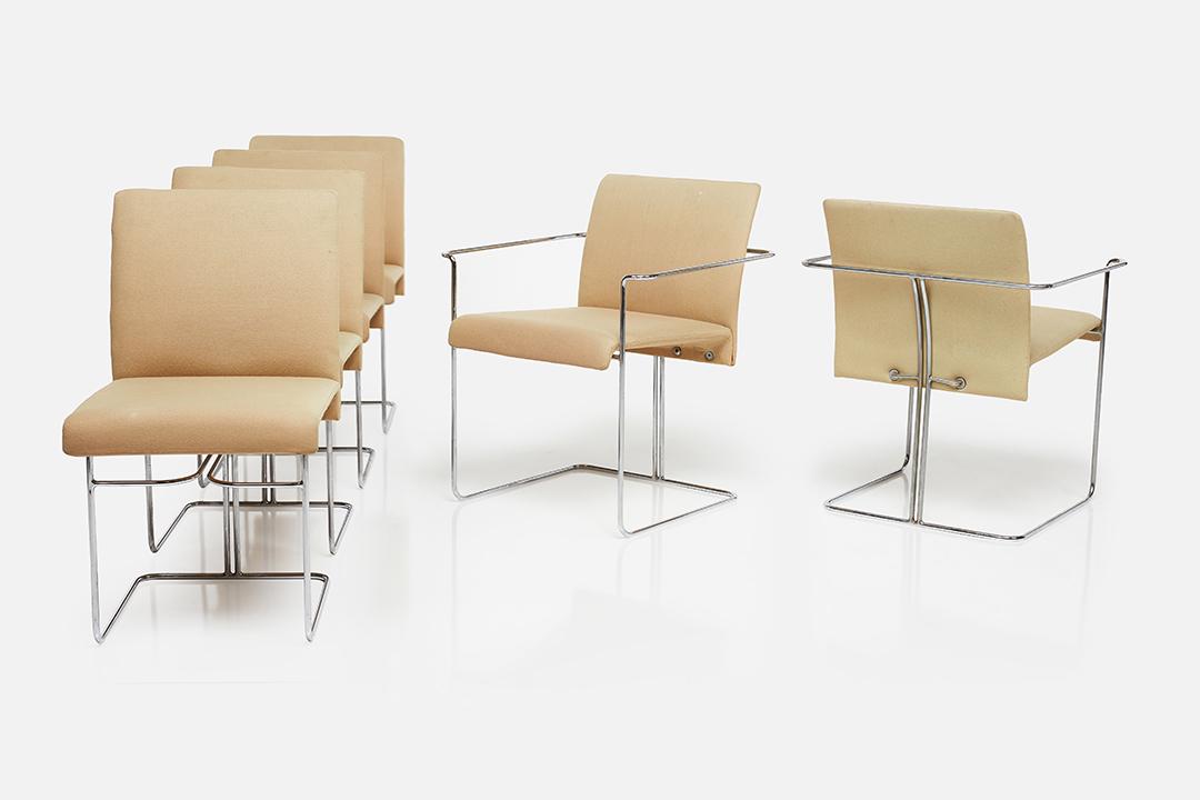 Saporiti, Dining Chairs (6): Saporiti Set of six dining chairs, 1970s Chrome-plated steel, fabric. Manufactured by Saporiti, Italy. Each armchair: 30" H x 24" W x 24" D Seat height: 17.5"