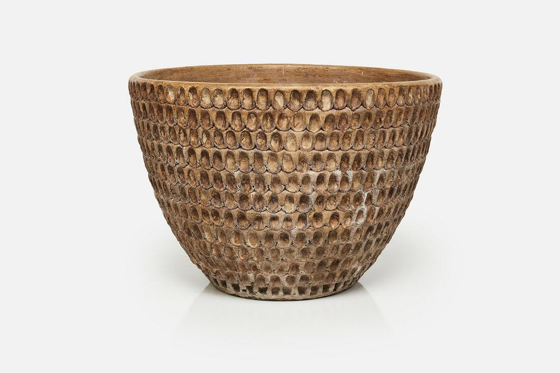 Stan Bitters, Monumental 'Thumb' Planter: Stan Bitters 'Thumb' pot planter, model no. B-28, 1977 Glazed earthenware. Produced by Hans Stumpf Co., USA. Interior with inscribed model number, initials and "77." 20.5" H x 29.5" Diameter