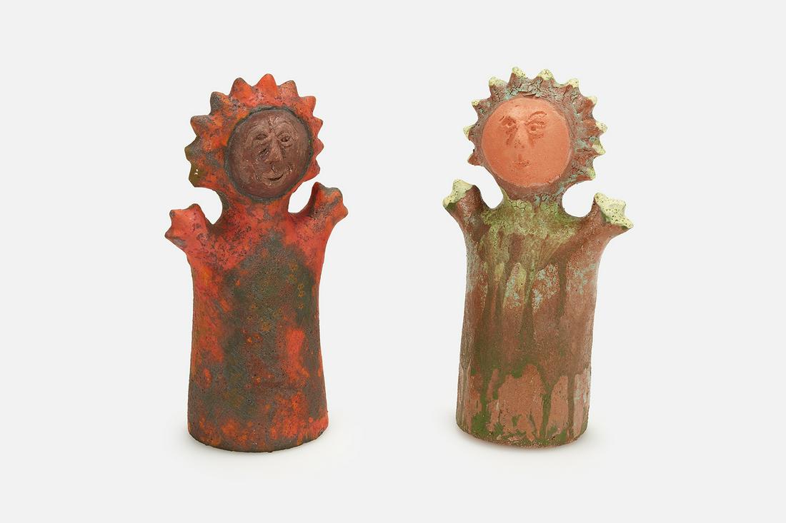 Stan Bitters, 'Sun People' (2): Stan Bitters Set of two 'Sun People,' 1960s Glazed ceramic. Studio-made in Fresno, CA. Each: 9.25" H x 5" 3.25" D