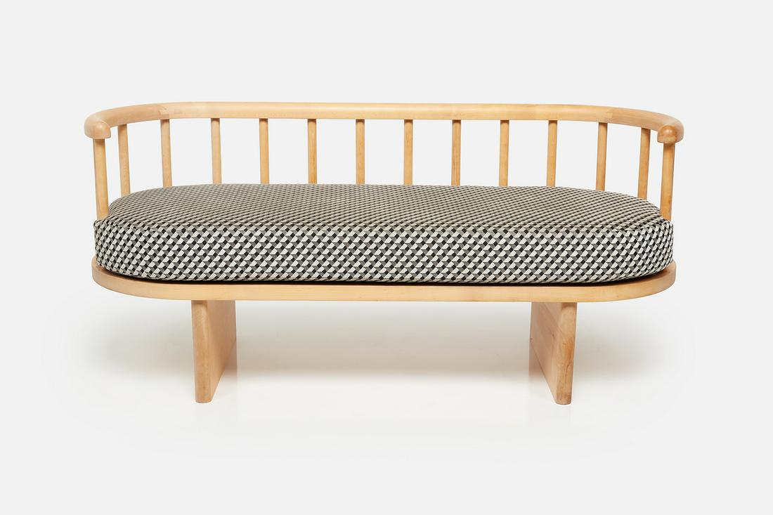 Casey McCafferty, 'Bone' Settee: Casey McCafferty 'Bone' settee, 21st Century Birch, fabric. Studio-made in Los Angeles, CA. 27" H x 60" W x 23" D Seat height: 18"