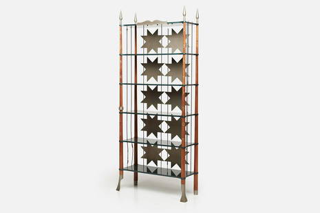 Sawaya & Moroni, Bookcase: Sawaya & Moroni Bookcase, 1990s Walnut, lacquered wood, steel, inlaid brass, fabric. Manufactured by Sawaya & Moroni, Italy. 85" H x 35" W x 14.25" D