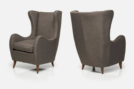 Arturo Pani, Wing Chairs (2): Arturo Pani Pair of wing chairs, 1950 Fabric, walnut. Made in Mexico. Each: 42.5" H x 27.75" W x 33" D Seat height: 20"