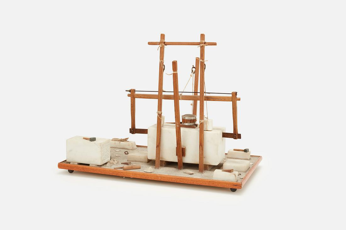 Italian, Marble Cutting Diorama: Italian Marble cutting diorama, 1960s Marble, wood, string, painted wood, metal. 13.5" H x 18" W x 11" D