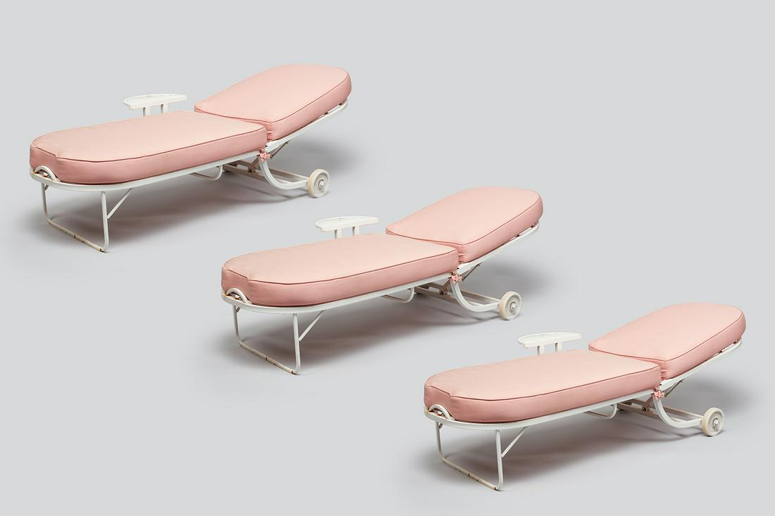 Beverly Hills Hotel, Patio Lounges (3): Beverly Hills Hotel Set of three patio lounge chaises, 1970s Painted metal, fabric. Each: 18.5" H x 32" W x 72" D Seat height: 16.5" Provenance: Beverly Hills Hotel, Beverly Hills, CA