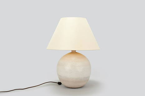 Jean Besnard, Table Lamp: Jean Besnard Spherical table lamp, 1940s Glazed earthenware, bronze, silk shade. Made in France. Underside signed with artist's initials and "FRANCE." 23" H x 18" Diameter, including shade Base only: