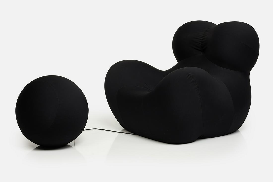 Gaetano Pesce, 'Up' Chair and Ottoman (2): Gaetano Pesce 'Up 5_6' lounge chair and ottoman, 2000s Cold-shaped polyurethane foam, fabric, nylon. Manufactured by B&B Italia, Italy. Underside with printed designer and manufacturer information. Ch