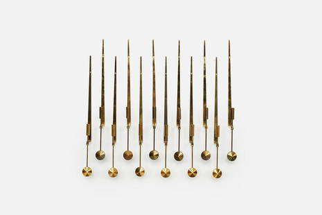 Pierre Forsell, Wall-Mounted 'Lampett' Candle Holders (12): Pierre Forsell Set of 12 wall-mounted 'Lampett' candle holders, model no. 1607, 1970s Brass. Manufactured by Skultuna, Sweden. Back impressed "SKULTUNA/1607/Sweden" and with designer's facsimile signa