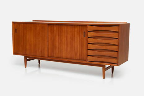 Arne Vodder, Credenza: Arne Vodder Credenza, 1960s Teak. Manufactured by Sibast and distributed by Povl Dinesen, Denmark. Interior of top drawer with Danish Control roundel, Povl Dinesen label and Sibast label. 31" H x 72"