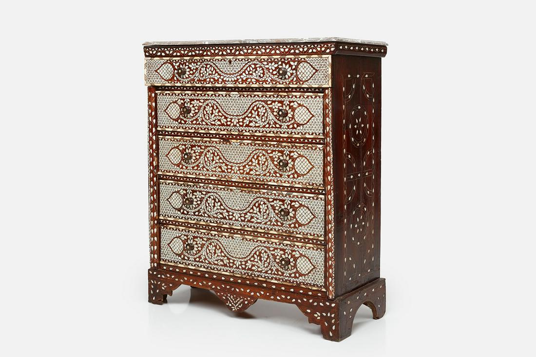 Syrian, Inlaid Chest of Drawers: Syrian Inlaid chest of drawers, early 20th Century Teak, marble, shell, bone. 52.5" H x 43" W x 19.25" D