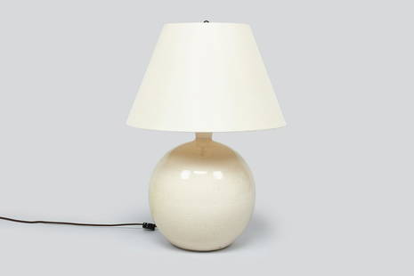 Jean Besnard, Large Table Lamp: Jean Besnard Spherical table lamp, 1940s Glazed earthenware, bronze, silk shade. Made in France. Underside signed with artist's initials and "FRANCE." 25" H x 17" Diameter, including shade Base only: