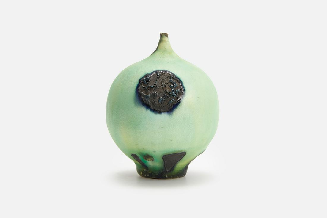 Rose & Erni Cabat, 'Feelie': Rose & Erni Cabat 'Feelie,' 1970s Apple green glazed earthenware. Studio-made in Tucson, AZ, USA. Underside incised "Cabat." 2.75" H x 2.25" Diameter
