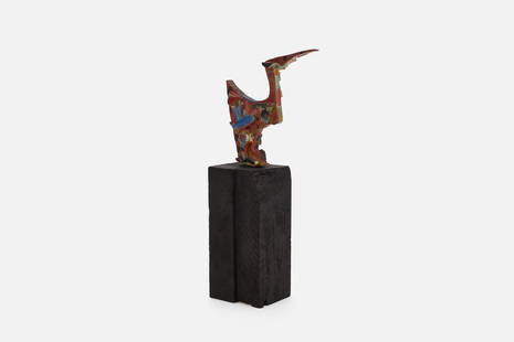 Ynez Johnston, 'Singing Bird' Table Sculpture: YNEZ JOHNSTON (American, 1920-2019) 'Singing Bird' sculpture, 1962 Painted wood. Underside of base with Paul Kantor Gallery label. 10.75" H x 5" W x 3" D Provenance: