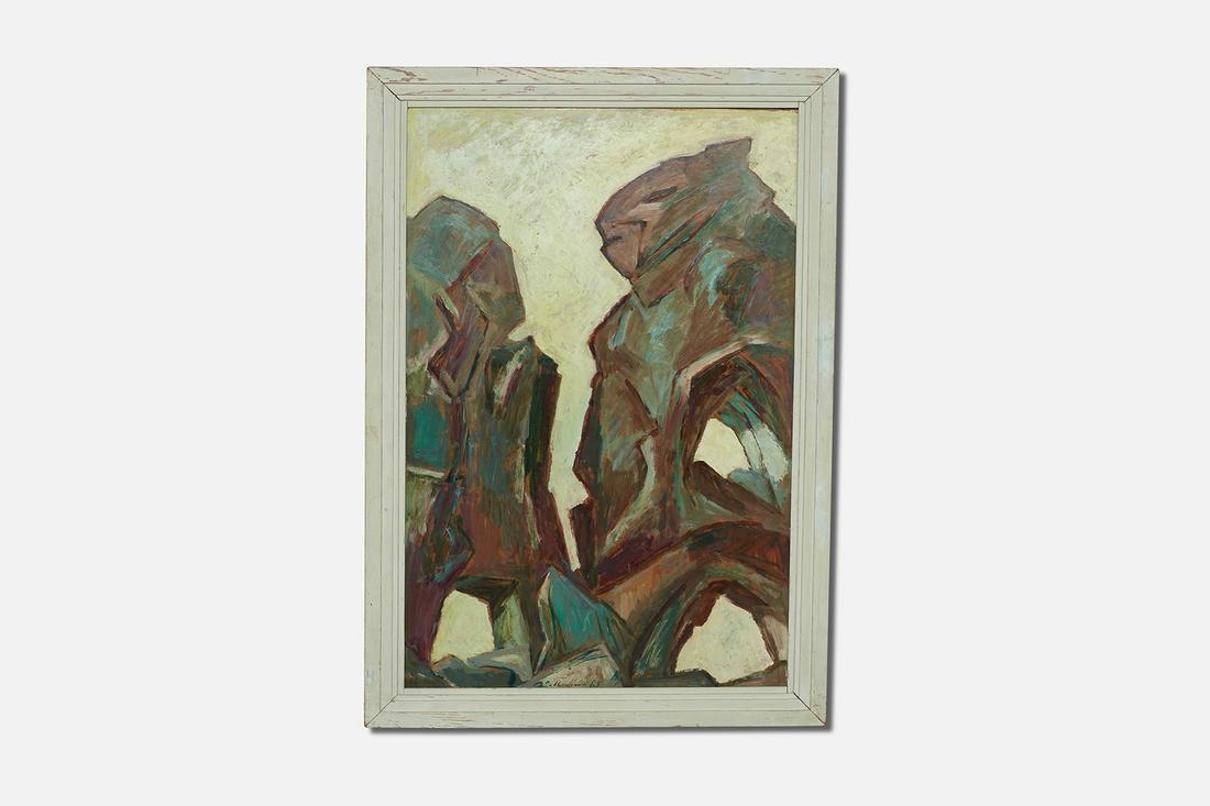 Walter Wellenstein, 'Caves in the Rock' Painting: WALTER WELLENSTEIN (German, 1898-1970)'Caves in the Rock,' 1965Oil on board.Signed and dated at lower center; signed, titled (in German) and dated verso.Overall, framed: 46" H x 32.25&quo