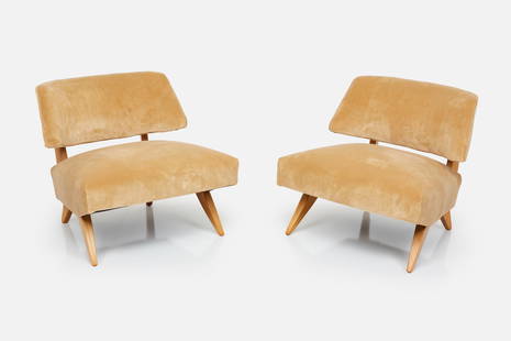 Paul Laszlo, Slipper Chairs (2): PAUL LASZLOPair of slipper chairs, 1950sBeech, fabric. Manufactured by Brown-Saltman, USA.Each: 27" H x 29" W x 27" DSeat height: 16.5"