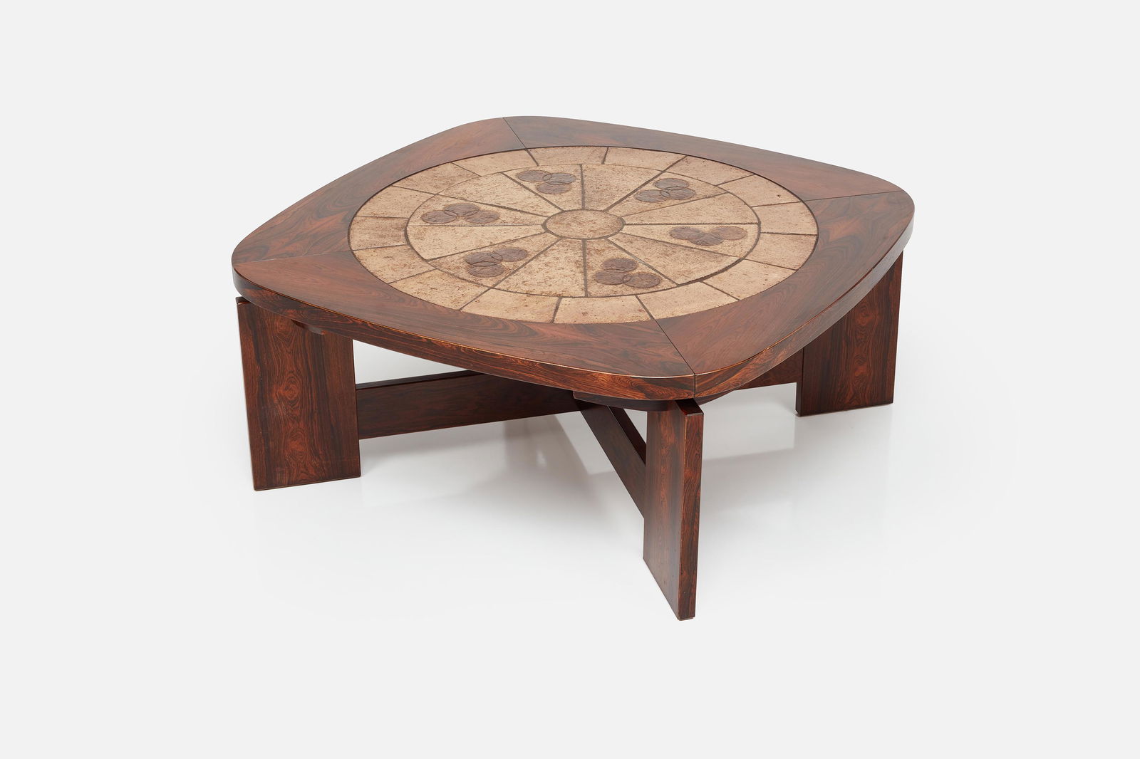 Tue Poulsen, Tile-Top Coffee Table: TUE POULSENTile top coffee table, 1970sRosewood-veneered wood, glazed ceramic. Produced by Haslev, Denmark.18.75" H x 45" W x 45" D