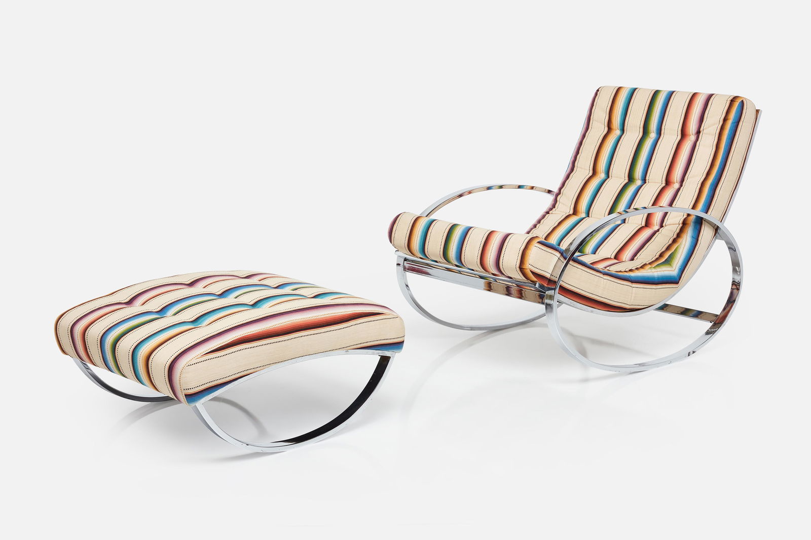 Renato Zevi, 'Ellipse' Lounge Chair and Ottoman (2): RENATO ZEVI'Ellipse' rocking lounge chair and ottoman, 1970sChrome-plated metal, fabric. Manufactured by Selig, USA.Chair: 32" H x 27.5" W x 41" DSeat height: 18.5"Ottoman: