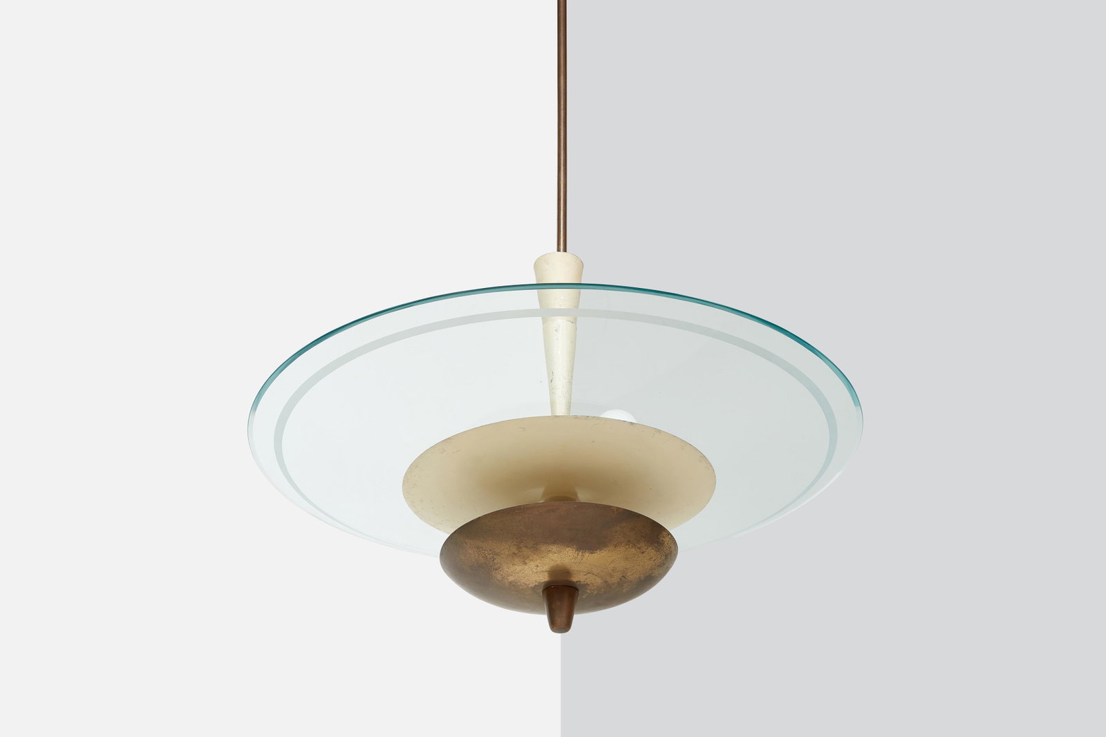 Fontana Arte Style, Chandelier: FONTANA ARTE STYLE Chandelier, 1950s Etched glass, brass, painted metal. Made in Italy. 44" H x 27" Diameter