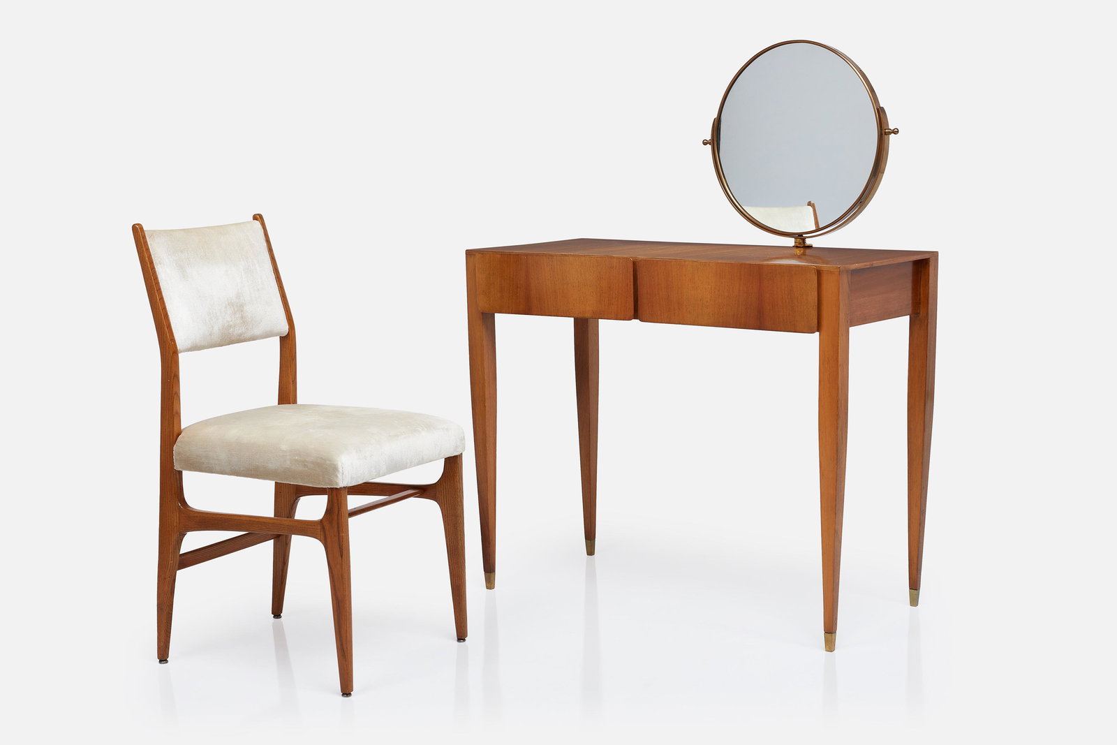 Gio Ponti, Vanity Set, from the Royal Hotel, Naples (2): GIO PONTIVanity set, from the Royal Hotel, Naples, 1953Ash, brass, mirrored glass, leather, fabric. Produced by Giordano Chiesa, Italy.Vanity: 48.5" H x 36.75" W x 18" DChair: 34.2